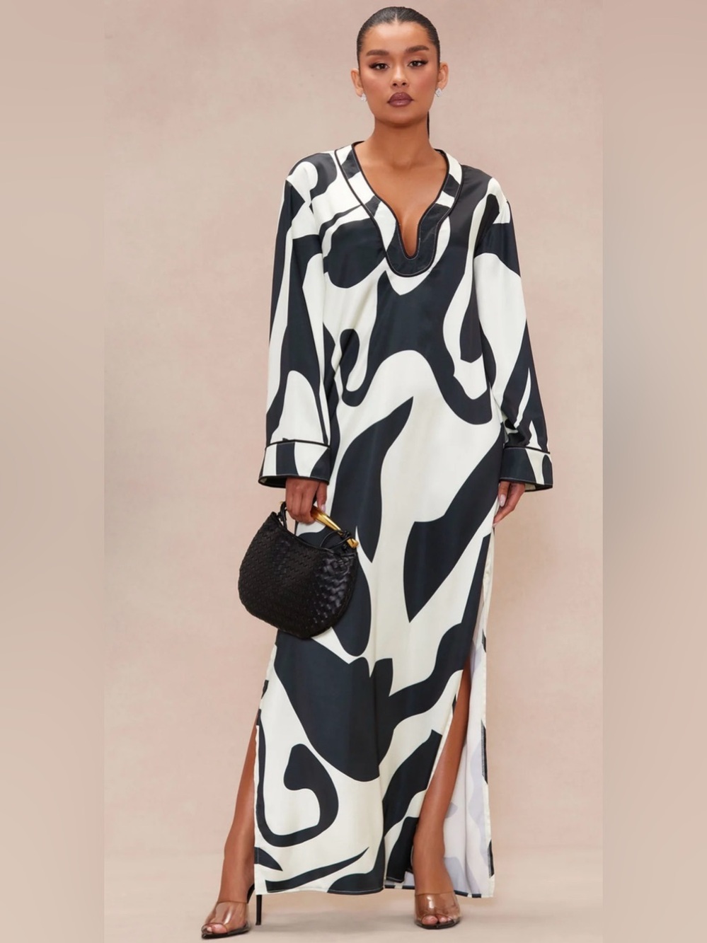 Black & White Abstract Print Satin Kaftan Maxi Dress